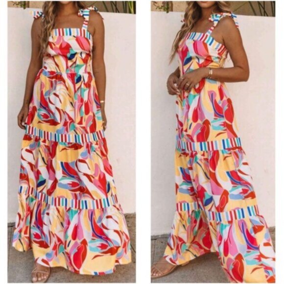 Colorful Stripe Floral Print Shoulder Tie Maxi Dress - Picture 1 of 3